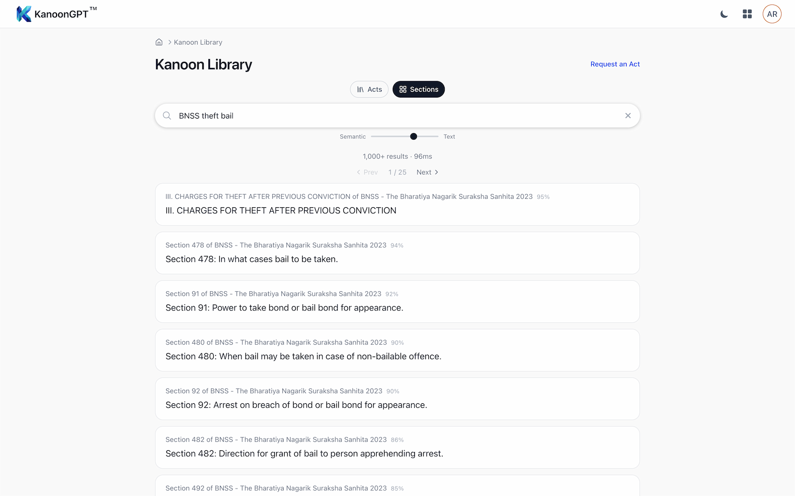 Kanoon Library hybrid search returning official BNSS sections for a theft and bail query