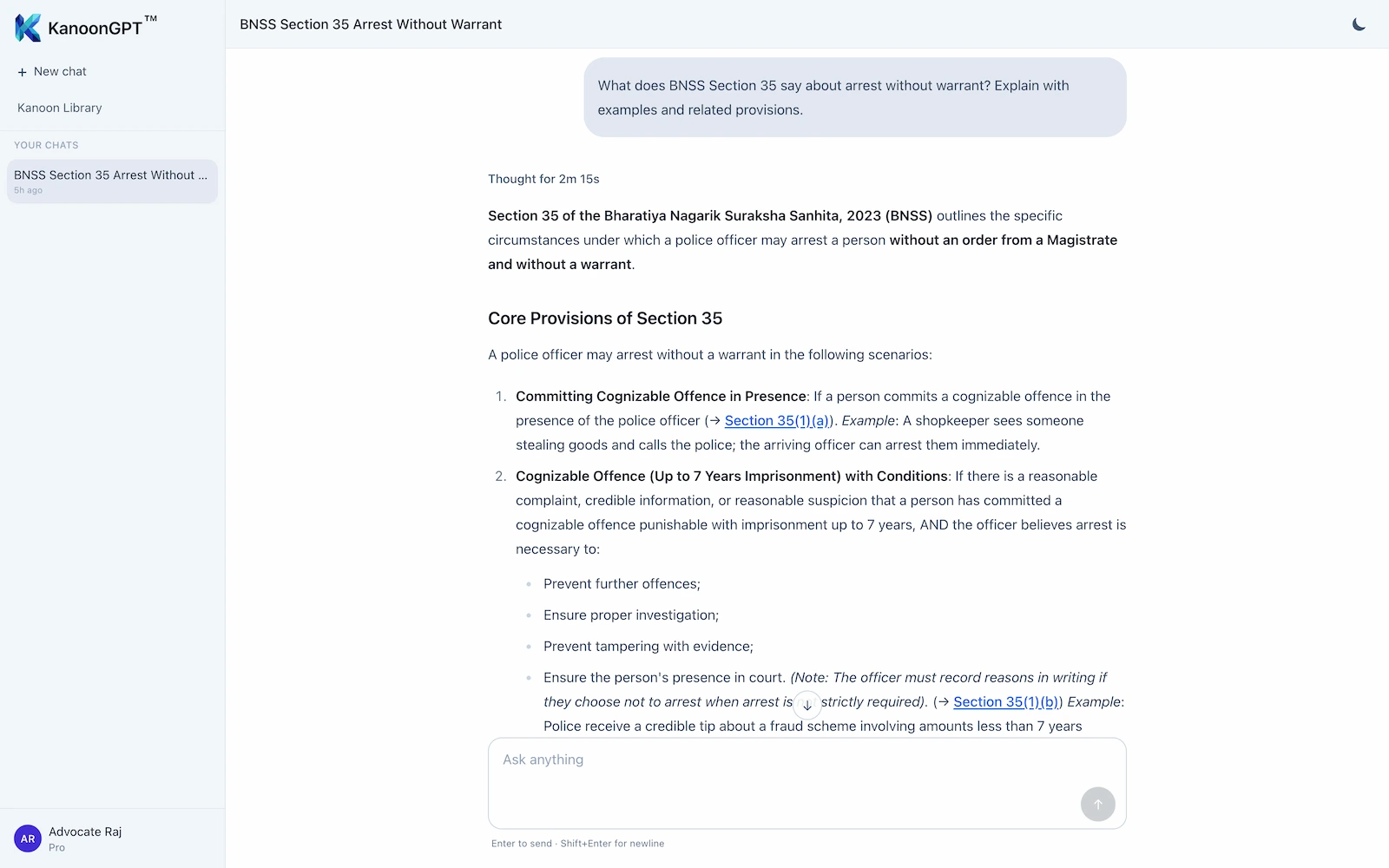 KanoonGPT chat answering an Indian Bare Act question from official section context
